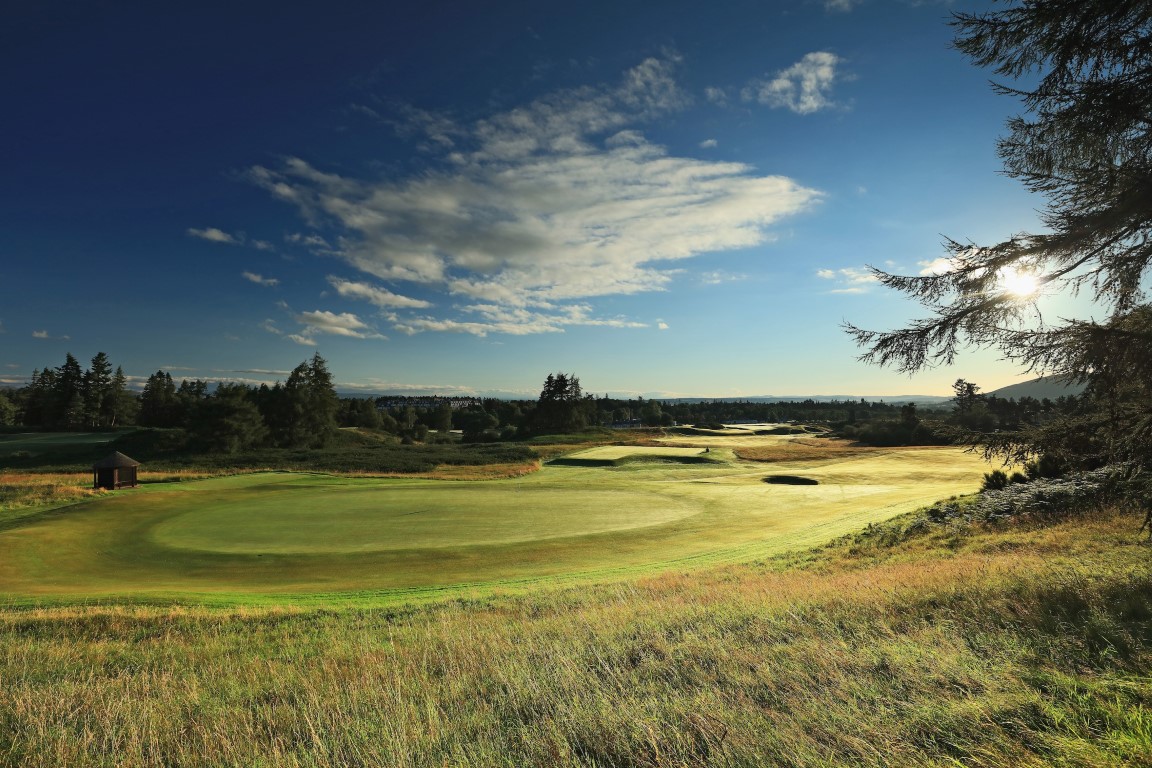The 17th on The King's Course, with the famous Gleneagles Hotel in the distance.