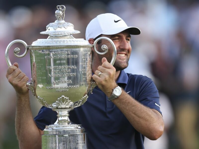 Scottie Scheffler holds the Wanamaker Trophy after winning the PGA Championship at Quail Hollow Club on Sunday, May 18, 2025 in Charlotte, North Carolina. (Photo by Maddie Meyer/PGA of America)