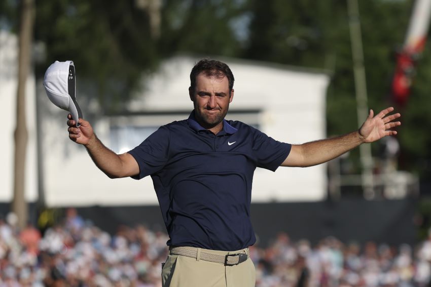 Scottie Scheffler celebrates after winning the PGA Championship at Quail Hollow Club on Sunday, May 18, 2025 in Charlotte, North Carolina. (Photo by Maddie Meyer/PGA of America)