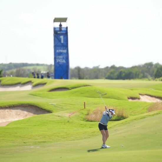 Jeeno Thitikul hits her shot on the first hole during the second round of the KPMG Women's PGA Championship at Fields Ranch East at PGA Frisco
