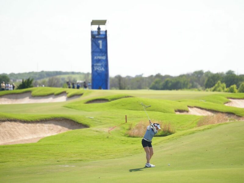 Jeeno Thitikul hits her shot on the first hole during the second round of the KPMG Women's PGA Championship at Fields Ranch East at PGA Frisco