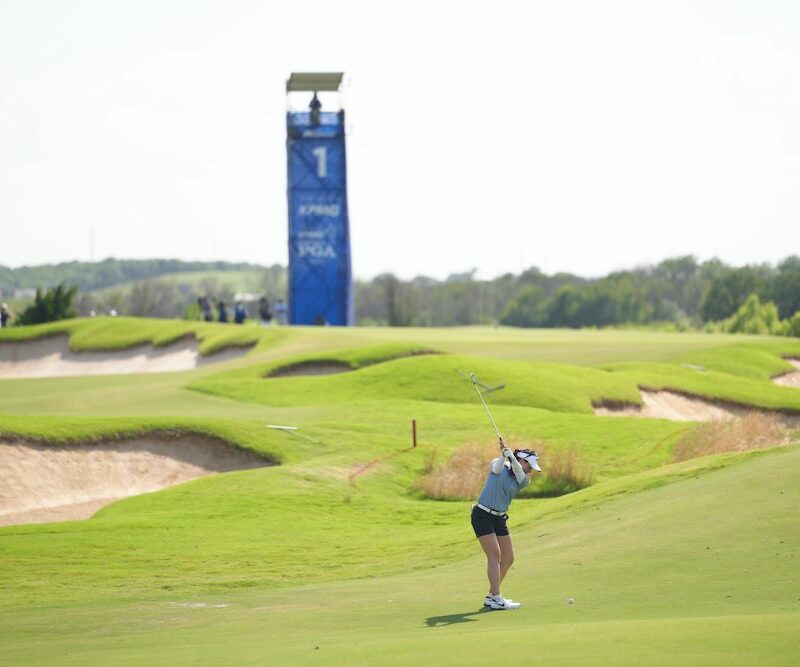 Jeeno Thitikul hits her shot on the first hole during the second round of the KPMG Women's PGA Championship at Fields Ranch East at PGA Frisco