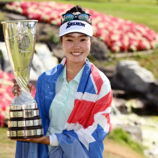 Grace Kim (AUS) poses with the trophy after winning during the final round of the Amundi Evian Championship 2025, at Evian Resort Golf Club, in Evian-Les-Bains, France, on July 13, 2025, Photo Philippe Millereau / KMSP
