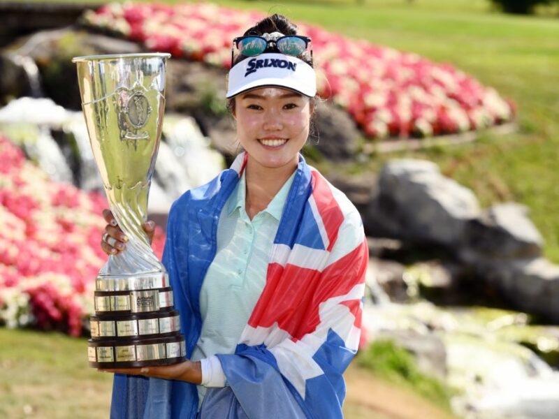 Grace Kim (AUS) poses with the trophy after winning during the final round of the Amundi Evian Championship 2025, at Evian Resort Golf Club, in Evian-Les-Bains, France, on July 13, 2025, Photo Philippe Millereau / KMSP